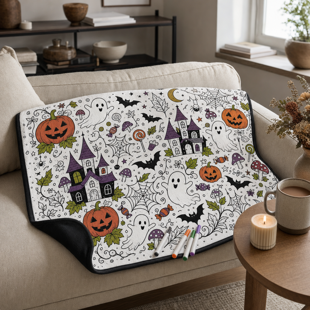 DIY Halloween Coloring Blanket, Ghost Playtime (Horizontal) scene