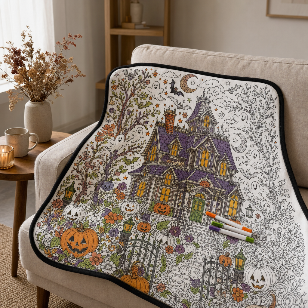 DIY Halloween Coloring Blanket, Haunted Manor scene