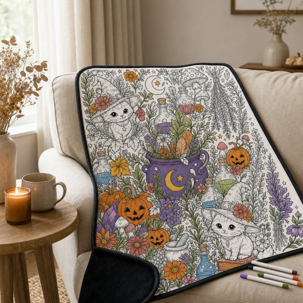 DIY Halloween Coloring Blanket, Kitty Garden scene