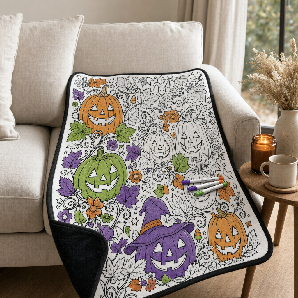 DIY Halloween Coloring Blanket, Pumkpins scene