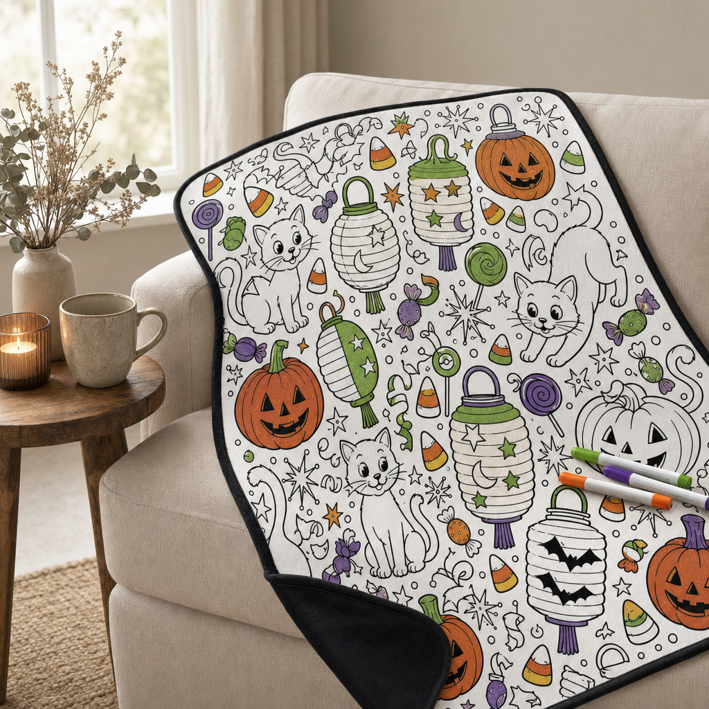 DIY Halloween Coloring Blanket, Pumpkins & Kittens scene