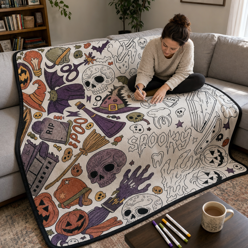 DIY Halloween Coloring Blanket, Spooky scene