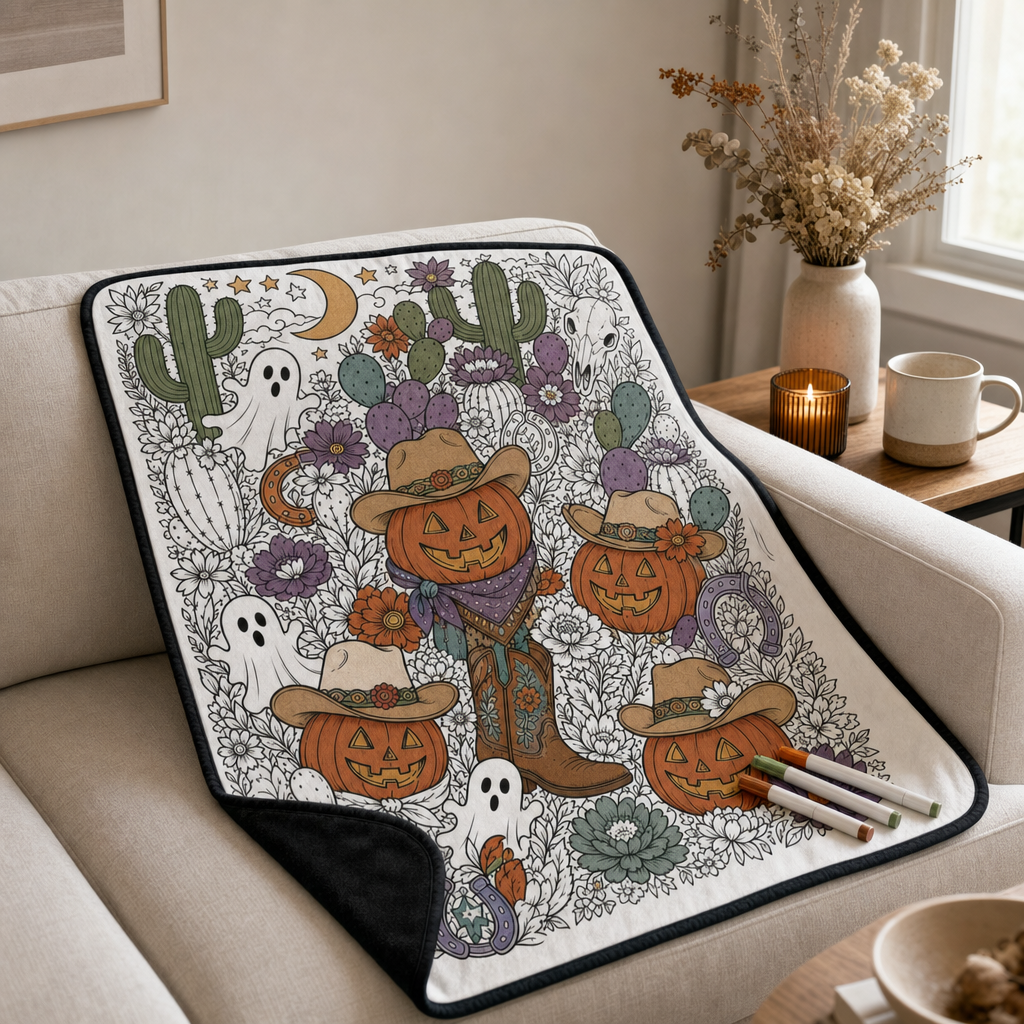 DIY Halloween Coloring Blanket, Spooky Western scene