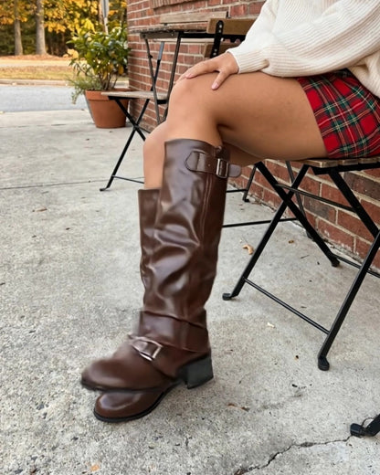 Harlow boots in Brown with a plaid mini skirt and cream sweater
