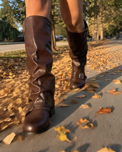 Walking through fall leaves in Harlow boots in Brown