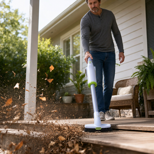 JetSweep in broom mode clearing leaves off a front porch