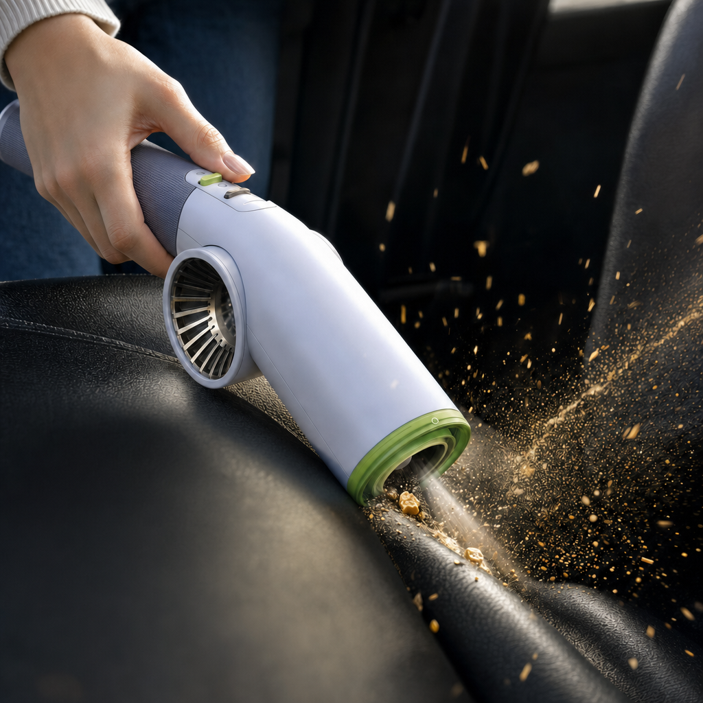 JetSweep handheld blower clearing crumbs out of a car seat