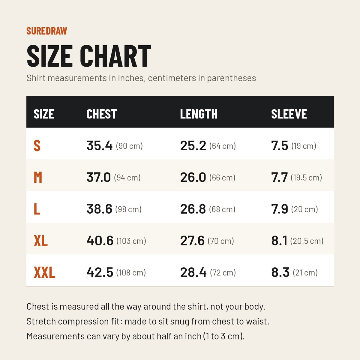 SureDraw Concealment Tee size chart
